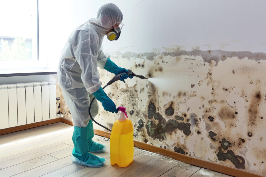 A technician in a protective suit spraying a mold-infested wall with a yellow tank sprayer in a room with wooden flooring.