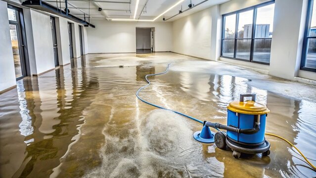 A blue and yellow wet vacuum cleaner on a flooded office floor with large windows and empty walls.