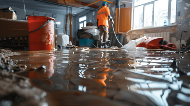 A worker in an orange uniform using a wet vacuum in a flooded room with a red bucket and scattered debris.