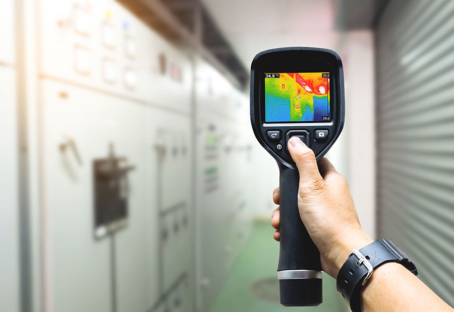 A hand holding a thermal imaging camera showing heat distribution on an electrical panel.