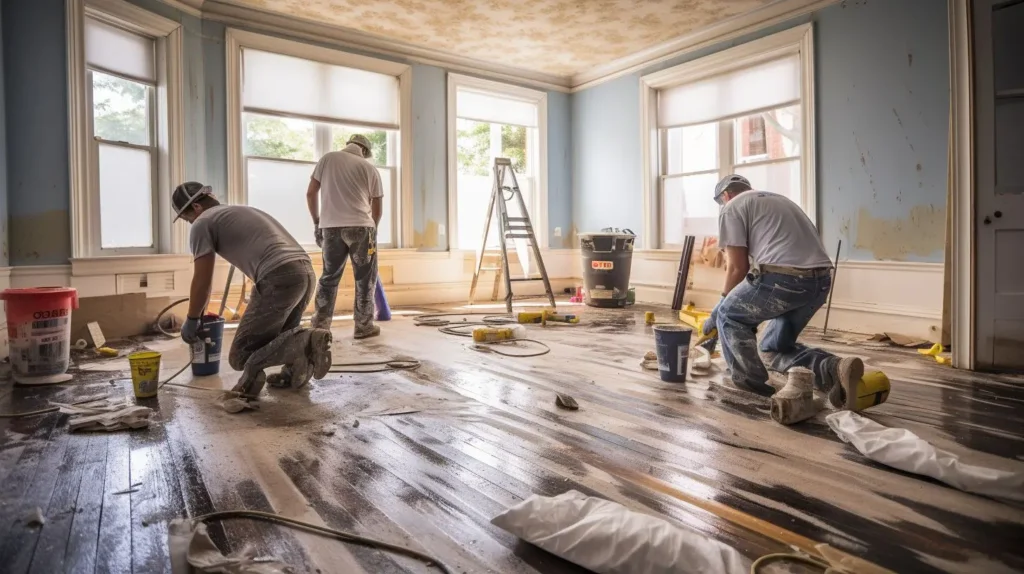 Three workers in a room refinishing a wooden floor with tools, buckets, and a ladder.