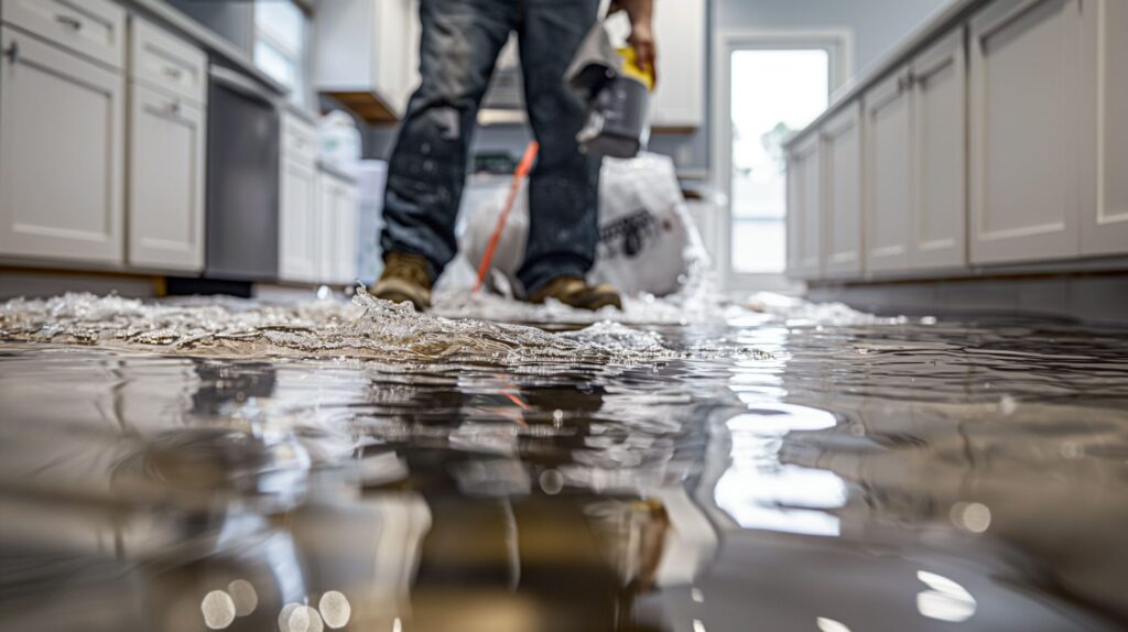 A worker in jeans and boots using a tool to clean a flooded kitchen floor with water and debris.