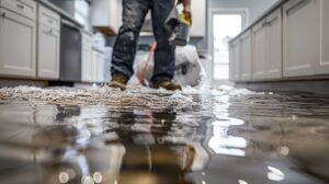 A worker in jeans and boots using a tool to clean a flooded kitchen floor with water and debris.
