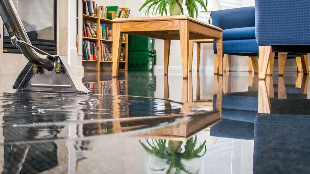 A wet vacuum cleaner operating on a flooded floor with reflections of furniture and a plant in a living room.