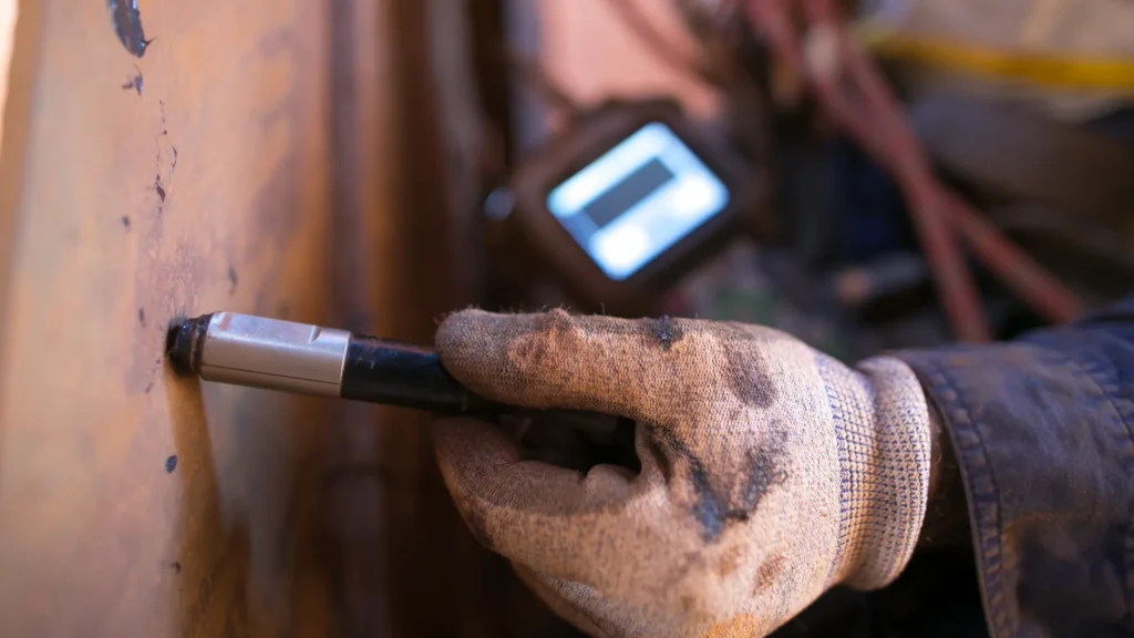 A gloved hand holding a tool to inspect a rusted metal surface, with a digital device nearby.A gloved hand holding a tool to inspect a rusted metal surface, with a digital device nearby.