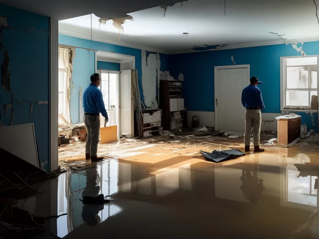 Two workers in blue shirts standing in a flooded room with damaged walls, ceiling, and furniture.