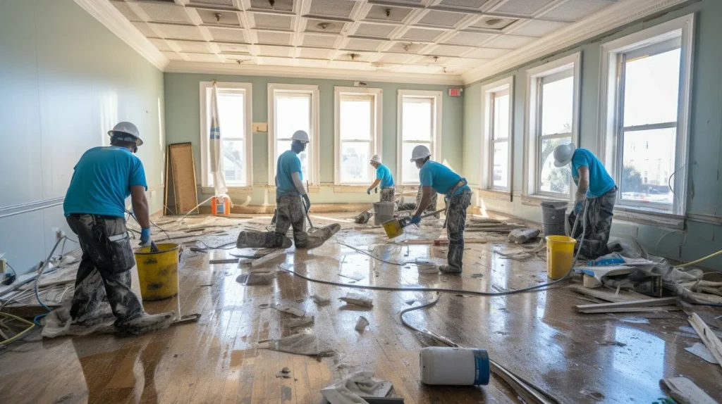 Four workers in blue uniforms cleaning up debris on a flooded wooden floor with large windows.