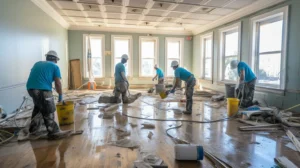 Four workers in blue uniforms cleaning up debris on a flooded wooden floor with large windows.